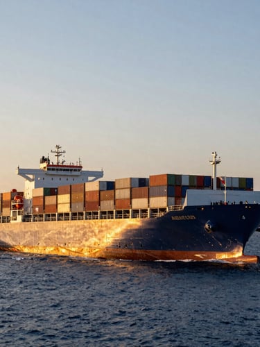 A modern container ship navigating deep blue ocean waters during golden hour, wide cinematic environmental shot showing immense scale, sharp commercial detail