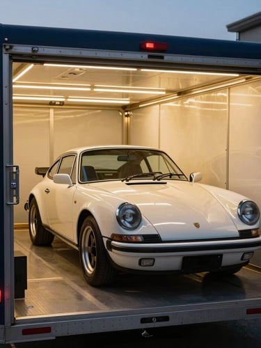 A pristine classic sports car parked inside a secured, custom-engineered enclosed trailer, high-contrast twilight lighting, sharp metallic details of locking mechanisms.