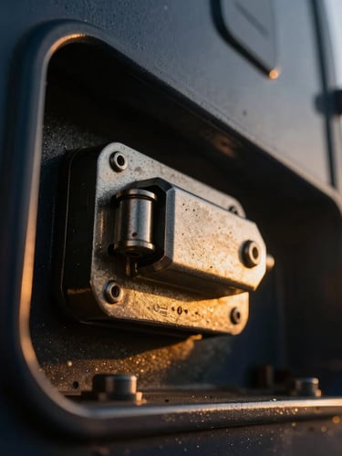 Close-up macro shot of a heavy steel locking mechanism on an enclosed transport bay, dramatic low-angle golden hour sunlight, sharp metallic textures.