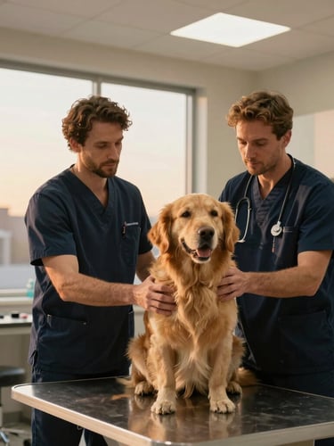 A professional veterinarian gently examining a calm golden retriever in a clean, modern clinic, warm natural light, cinematic editorial style