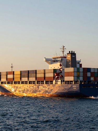 Wide-angle cinematic shot of a modern container ship navigating deep blue waters at golden hour twilight, sharp commercial detail