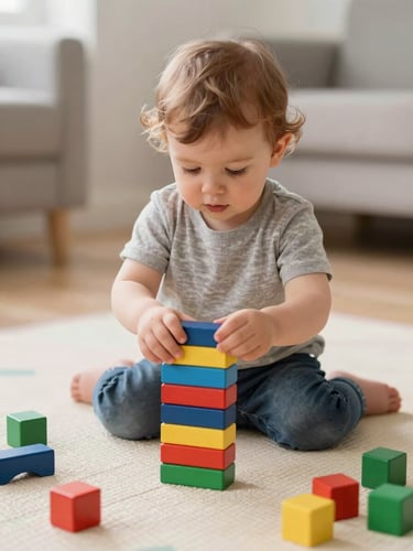A toddler focused on building a tower with colorful wooden blocks on a clean play mat, bright natural indoor lighting, eye-level shot.