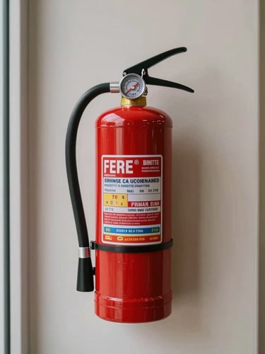 A clean commercial corridor with a certified red fire extinguisher mounted securely on a neutral wall, bright natural daylight from a nearby window, sharp focus on the pressure gauge and safety pin.