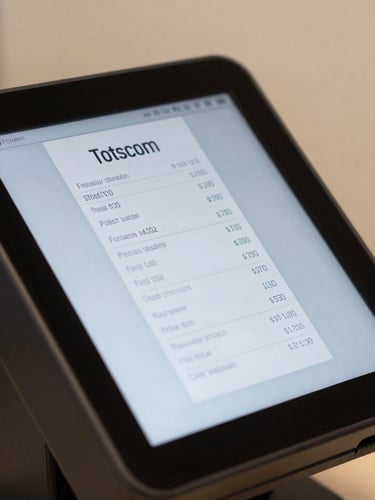 Close-up of a modern touchscreen POS billing terminal displaying a receipt, sharp focus, clean background