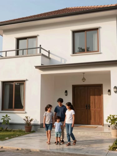 A bright, modern family home in Ghaziabad, warm natural sunlight filtering through windows, clean and secure atmosphere.