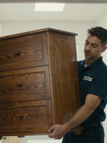 Medium-wide daylight shot of a uniformed ProClear crew member carefully carrying a heavy wooden dresser through a clean doorway, focused expression, respectful handling.