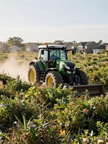 Wide-angle action shot of a professional tractor clearing dense wild brush on a residential estate, bright morning sun, dust particles in the air, crisp details.