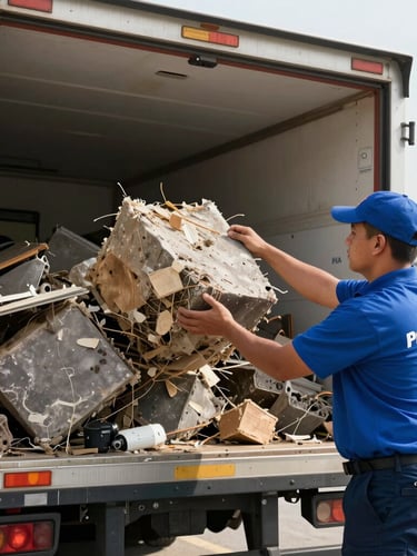 A uniformed crew member in a royal blue shirt actively loading heavy debris into a clean, branded ProClear trailer under bright morning daylight.