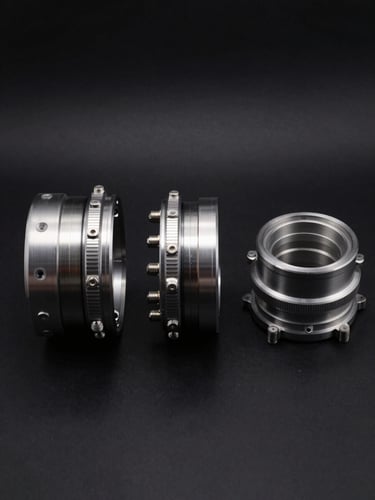Technical cross-section studio photograph of a disassembled VR-3 three-piece wheel laid flat on a black surface, face component separated from outer barrel and inner barrel, all three pieces arranged in exploded-view sequence from left to right under hard top-strobe, stainless hardware bolts lined up along the barrel flange, machined mating surfaces facing the camera, no background clutter