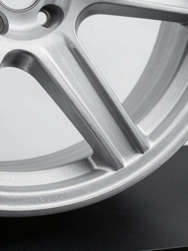 Extreme close-up of a forged aluminum wheel billet on a matte black studio surface, hard directional light from upper left revealing grain flow lines across the face and spoke cross-section edge, stark white background behind, no reflections, no car context — pure material examination framing