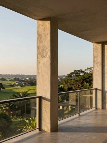 Sun-drenched gourmet balcony with minimalist concrete pillars, overlooking a quiet green landscape in São José do Rio Preto, late afternoon golden hour light.
