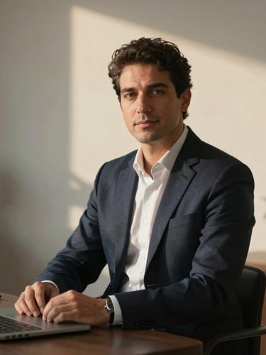Retrato corporativo elegante de um consultor de negócios em um escritório minimalista com iluminação natural suave de fim de tarde, foco nítido, estilo editorial.