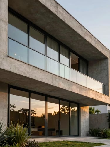 Architectural close-up of a modern high-end concrete and glass villa facade in São José do Rio Preto, warm late afternoon golden light, clean geometric lines, minimalist landscaping.