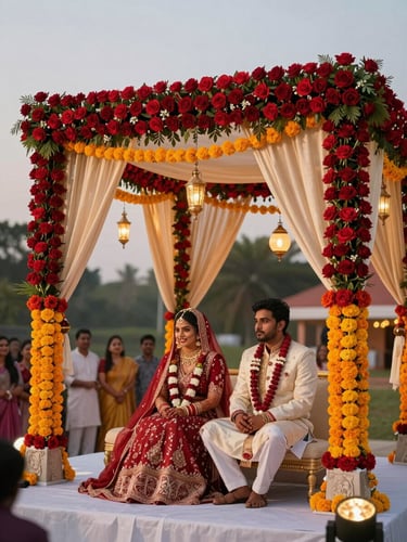 Wide environmental frame of a South Asian wedding mandap at golden hour, bride and groom seated under floral canopy draped in marigolds and deep red roses, warm tungsten lanterns glowing in the background, guests softly out of focus to the left
