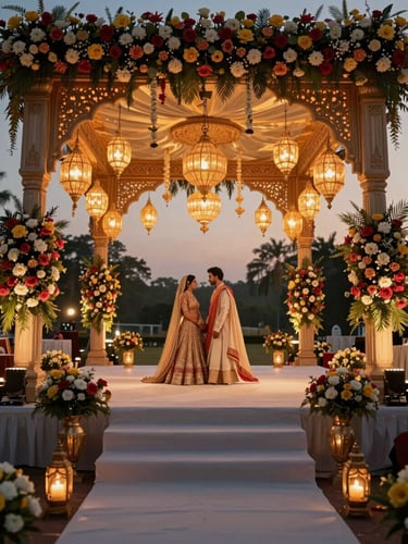 Wide interior of a grand South Asian wedding mandap at golden hour, warm tungsten lanterns casting jewel-toned light across floral arrangements, a couple standing in the middle distance in traditional attire, generous dark foreground framing the scene