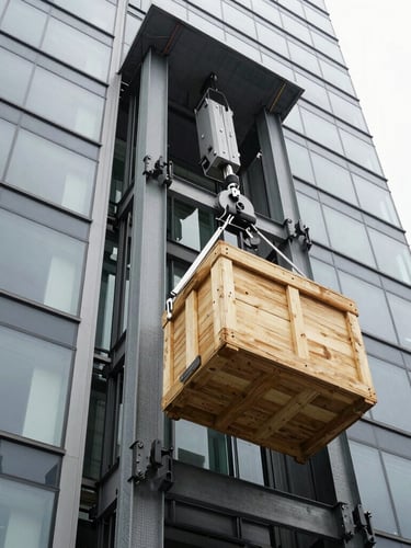 A specialized hydraulic moving elevator extending high up against a modern glass office building facade in Quito, securing a heavy wooden crate, low-angle shot, bright daylight.