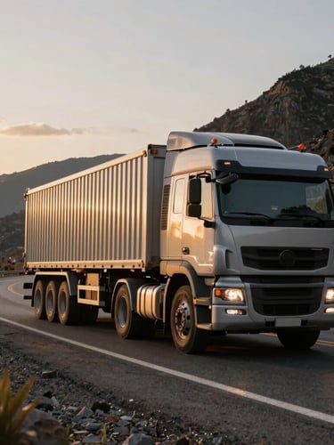 Low-angle wide shot of a multi-axle heavy transport truck navigating a winding Andean mountain highway under dramatic golden hour morning light, high contrast, industrial power.