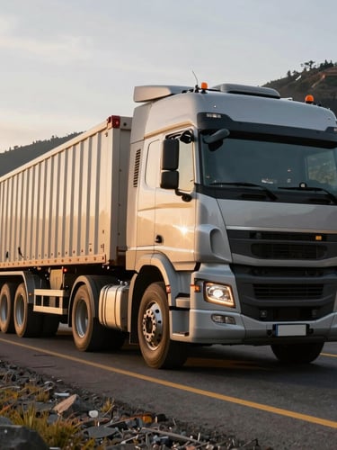 Low-angle wide shot of a multi-axle heavy transport truck ascending an Andean mountain highway in Ecuador, morning golden hour light hitting the cab, sharp focus on the vehicle scale, professional photography.
