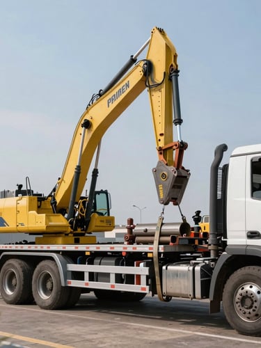 Primer plano técnico de aparejos de carga pesada y correas de alta resistencia asegurando maquinaria industrial sobre la plataforma de un camión.