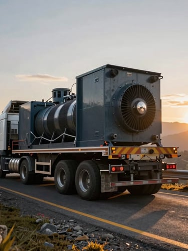 Low-angle wide shot of a heavy-duty multi-axle transporter truck carrying a massive industrial generator on a winding Andean highway in Ecuador at early morning golden hour, dramatic lighting, high contrast.