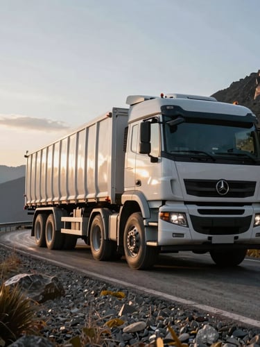 Low-angle wide shot of a heavy-duty multi-axle cargo truck navigating a winding Andean mountain pass at sunrise, high-contrast dramatic morning light, sharp details of the vehicle chassis.