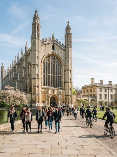 Wide panoramic shot of Cambridge University's King's College Chapel, historic architecture, bright natural daylight, students walking by, shallow depth of field, 35mm