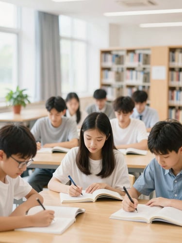 A diverse group of young students studying in a modern, bright university library, engaged in study, natural high-key daylight, shallow depth of field, 35mm