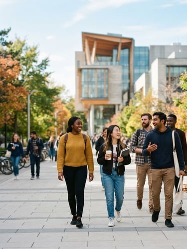 Bright, natural daylight shot of diverse students walking on a modern Canadian university campus, iconic campus architecture in the background, shallow depth of field, 35mm