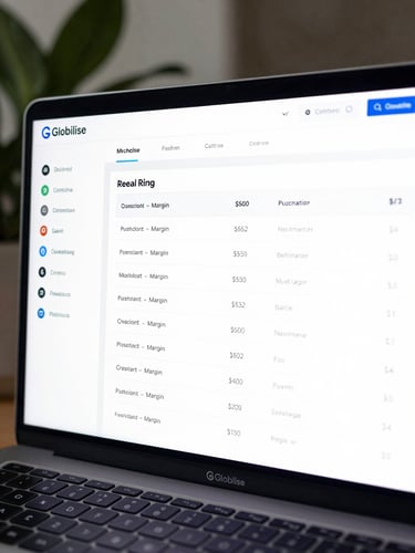 Crisp high-fidelity UI mockup of the Globilise agency dashboard, showing real-time margin tracking and active multi-language translation projects under cool natural daylight.