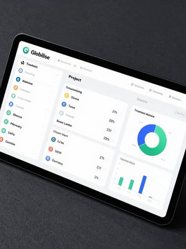A crisp, high-fidelity UI mockup of the Globilise translator dashboard showing project tracking, active word counts, and financial analytics on a dark slate background