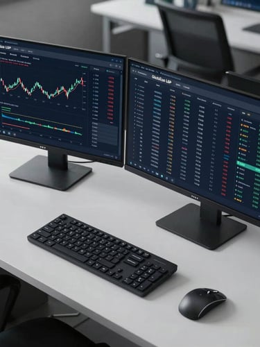 Overhead shot of a clean modern workspace under cool daylight, dual monitors displaying the Globilise LSP dashboard with automated handoff queues and financial charts.
