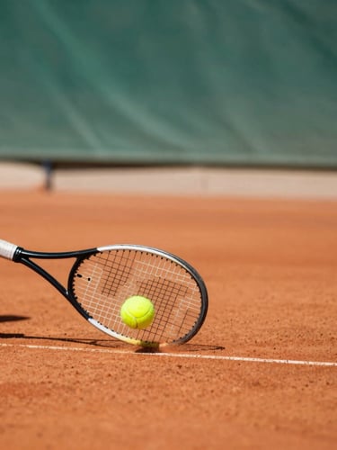 Dynamic close-up of a tennis racket striking a yellow ball on a sunny clay court, red dust flying, bright daylight, 35mm