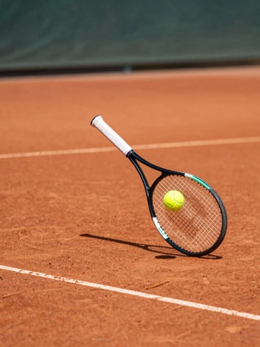 Dynamic action shot of a tennis racket striking a yellow ball on a sunny red clay court, bright natural daylight, shallow depth of field, 35mm