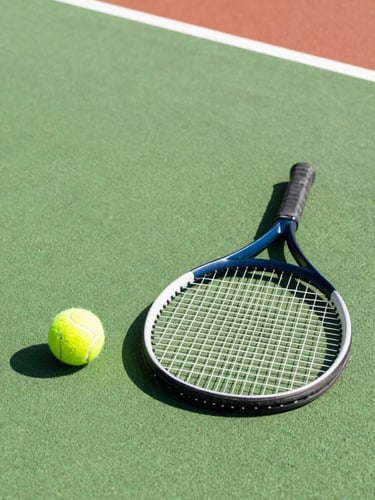 Dynamic close-up of a tennis racket resting on a bright green court next to yellow tennis balls, sharp afternoon shadows, sports photography