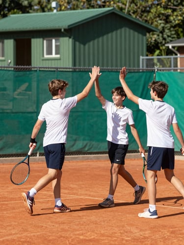 Bright natural daylight, dynamic action shot of three happy teenagers high-fiving on a red clay tennis court, green windbreaks in background, SV Weiherhof youth hut visible, 35mm photography