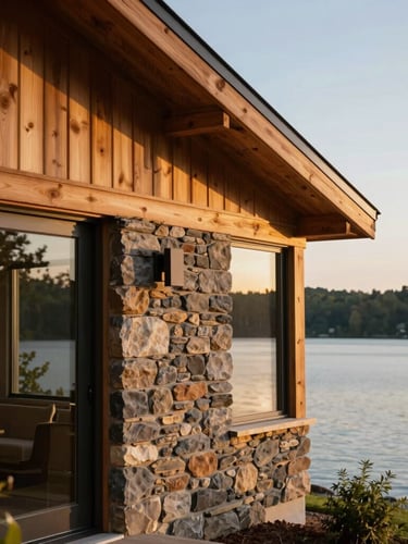 Architectural close-up of a modern lakefront home exterior, natural cedar and stone facade, warm evening light, calm water visible in the background.