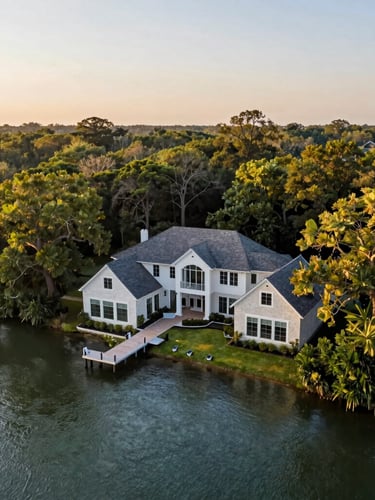 Wide environmental drone shot of a wooded Texas cove at golden hour, architectural lakefront home nestled in trees, private dock extending into calm water.