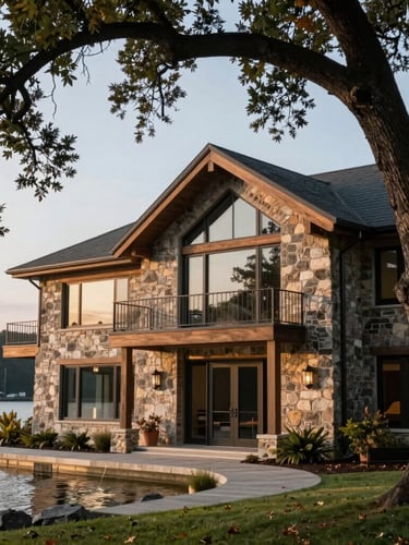 A close-up architectural shot of a modern stone-and-timber lakefront estate facade on Eagle Mountain Lake, framed by mature oak trees, soft morning light.