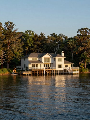 Wide environmental shot of Lake Grapevine's wooded shoreline at golden hour, showing the relationship between a custom lakefront home and the quiet water cove.