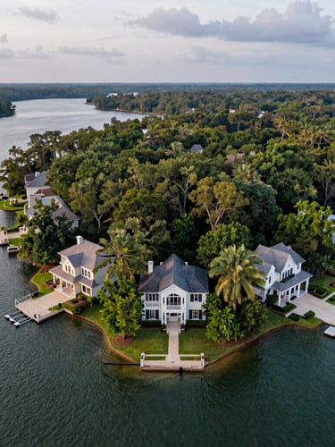 An aerial drone view of a heavily wooded peninsula on Lake Lewisville, luxury homes nestled among mature trees with private boat slips, soft overcast daylight.