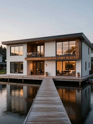Architectural close-up of a modern maritime-editorial lakefront home with a private wooden dock at dusk, soft warm light reflecting off the calm water of Cedar Creek.