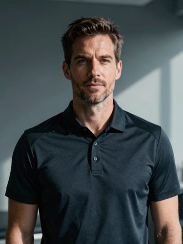 Professional portrait of therapist Dan Miller in a clean, modern clinical setting, wearing a dark athletic polo, looking confident, 35mm lens, dramatic natural light.