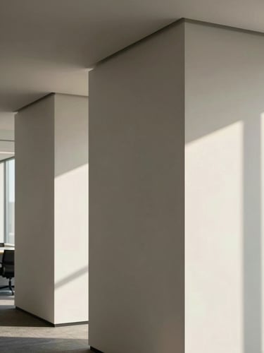 Professional architectural detail of a modern office interior, clean lines, muted tones, soft natural daylight, 35mm