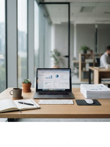 Organized modern office environment, focus on a clean desk with structured documents and a computer, soft natural daylight, 35mm