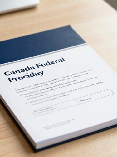 Close-up of a neatly bound Canadian federal procurement bid proposal on a clean wooden desk, bright natural morning light, sharp focus