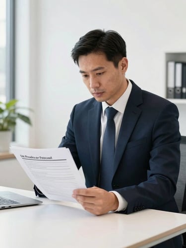 A professional Canadian business consultant reviewing a compiled bid proposal document in a bright, modern Ottawa office, 35mm lens