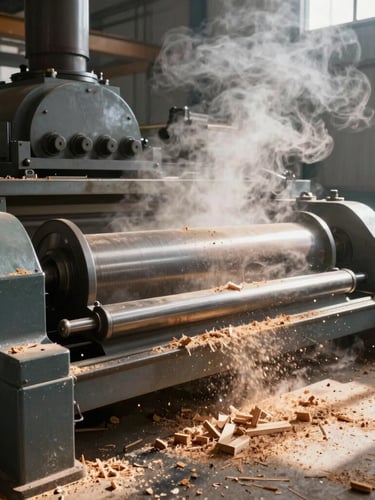 Wide-angle shot of a heavy industrial rotary peeling lathe in motion, steam rising from mechanical dryers in the background, sharp direct sunlight illuminating wood shavings.