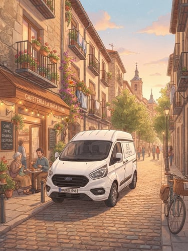 Nostalgic anime illustration of a clean white Ford Transit Custom van parked near a cozy Madrid cafe at golden hour, soft pastel tones, Ghibli style
