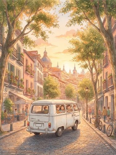 Nostalgic anime illustration of a white passenger van driving through a beautiful Madrid street lined with trees at golden hour, soft pastel tones, Ghibli style