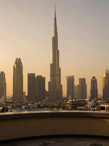Left-aligned bleed image showing the Dubai skyline at golden hour from a private terrace, warm editorial travel photography, 35mm